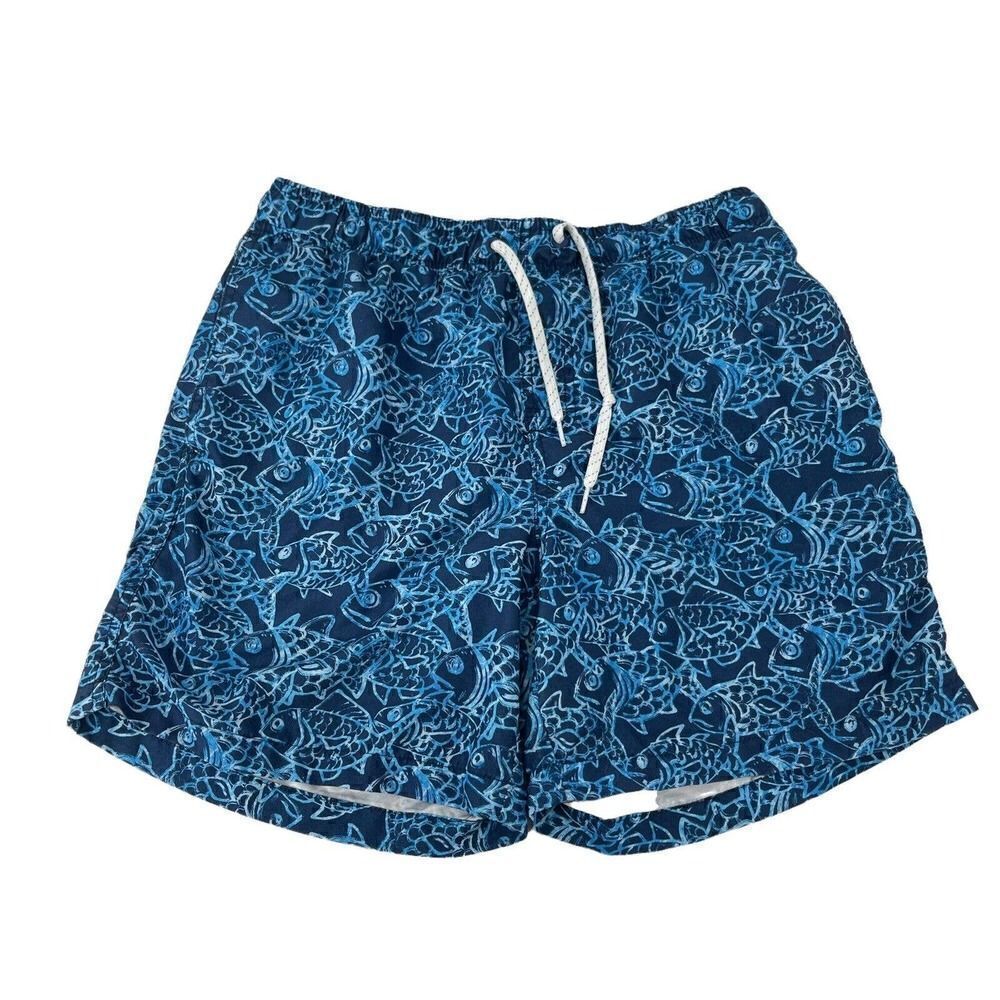 Blue Swim Trunks Mens Size Medium Lined Fish Pattern Beach Wear Ocean Coast Fun